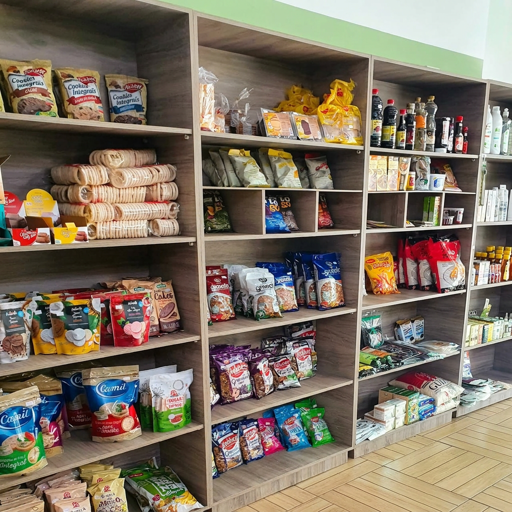 Prateleiras com biscoitos, granolas e produtos naturais