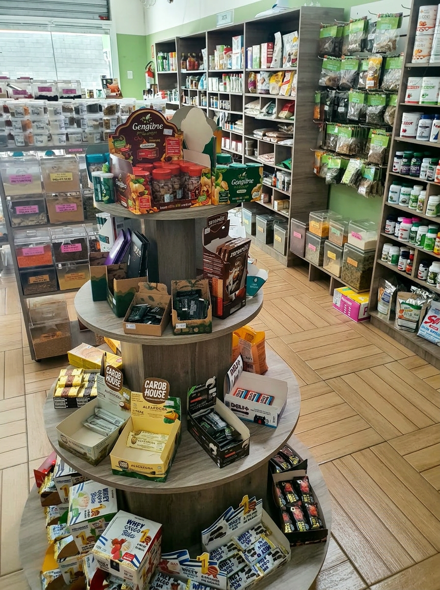 Display com barrinhas, chocolates e gengibre